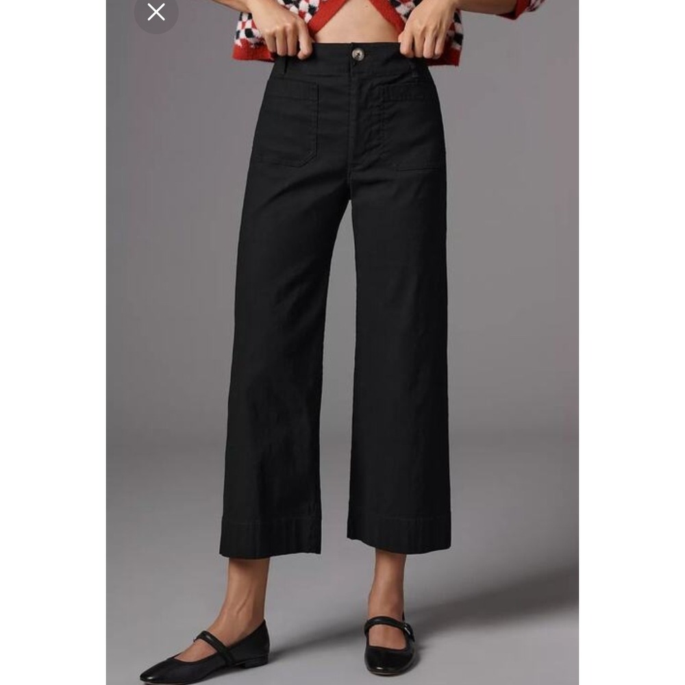 Maeve Anthropologie Black The Colette Wide Leg Cropped Pants Linen Blend Sz 26